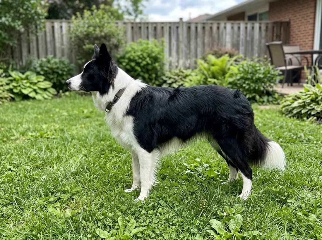 A photo of Milo, a border collie, standing on grass