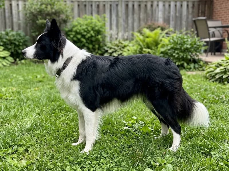 A photo of Milo, a border collie, standing on grass