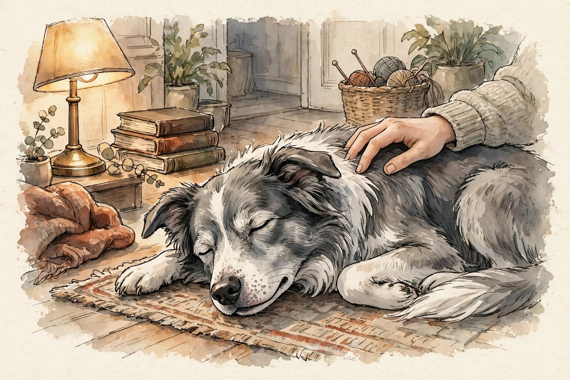 A watercolor storybook scene of an old grey muzzled border collie asleep on a rug in warm lamplight, with a person's hand resting gently on his back.