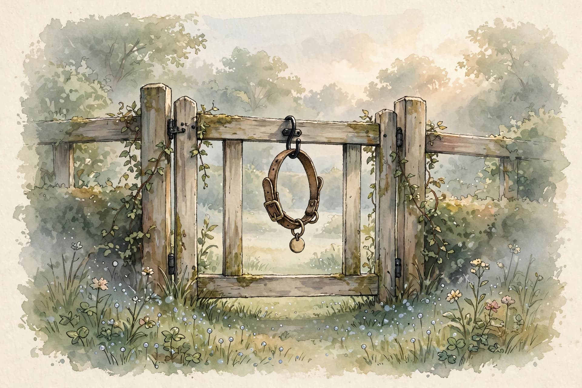 A watercolor storybook scene of a dog's collar hanging on a garden gate in early morning mist, with dew on the grass and the first pale light breaking through.
