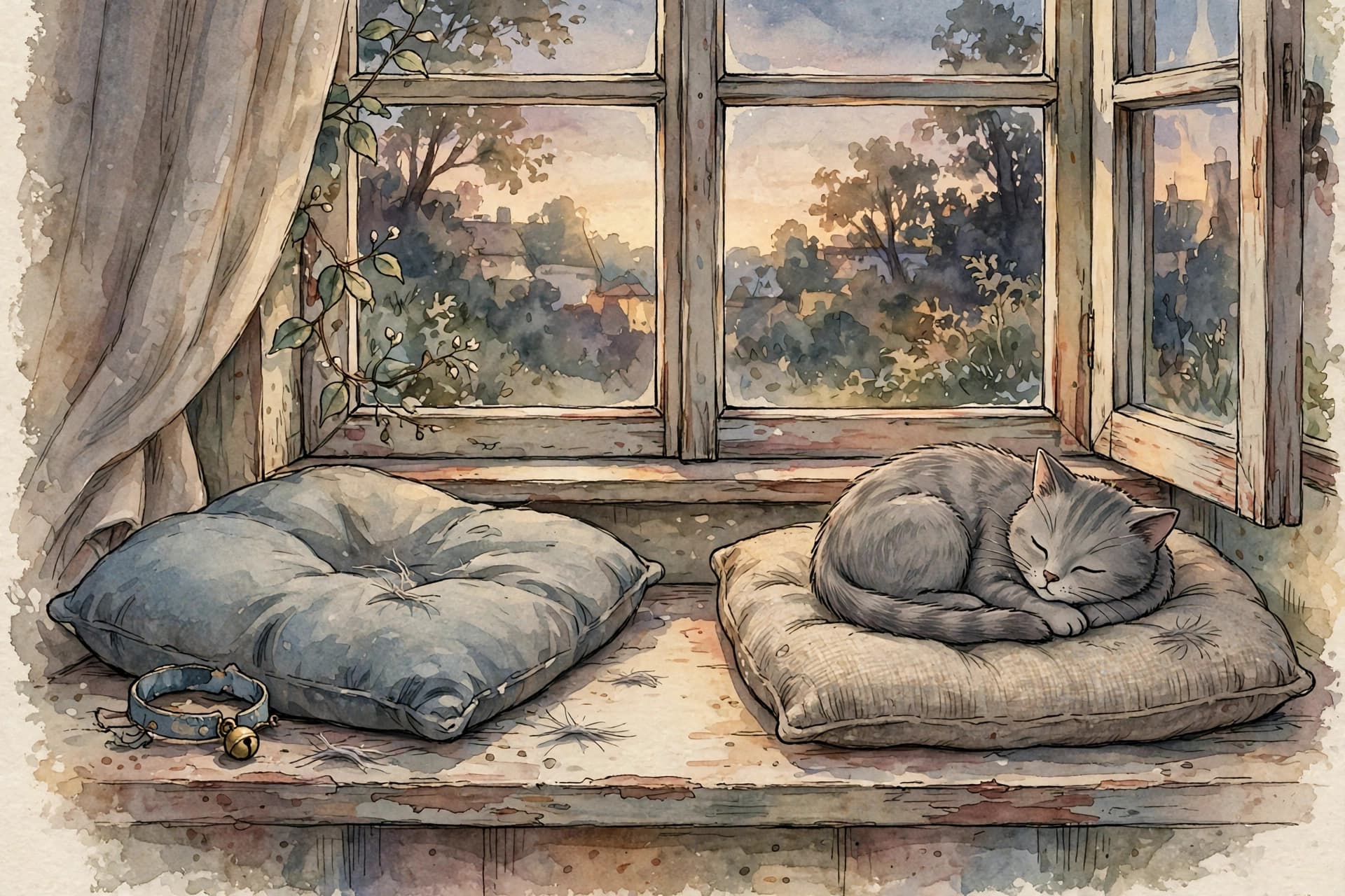 A watercolor storybook scene of a grey cat curled alone on a windowsill cushion where two cats used to sleep, soft evening light.
