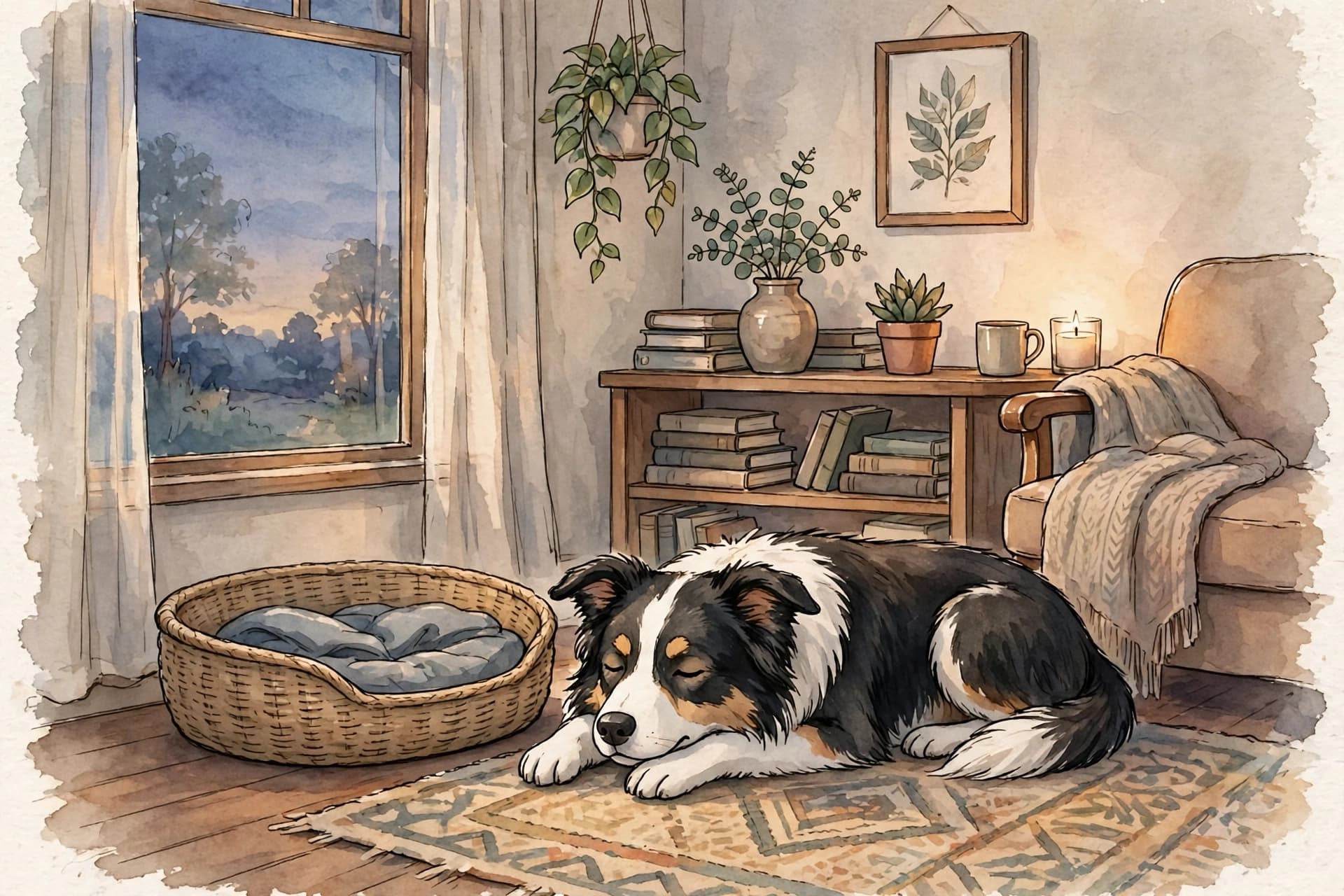 A watercolor storybook scene of a border collie lying quietly beside an empty dog bed, head resting on its paws, in a warm living room at dusk.