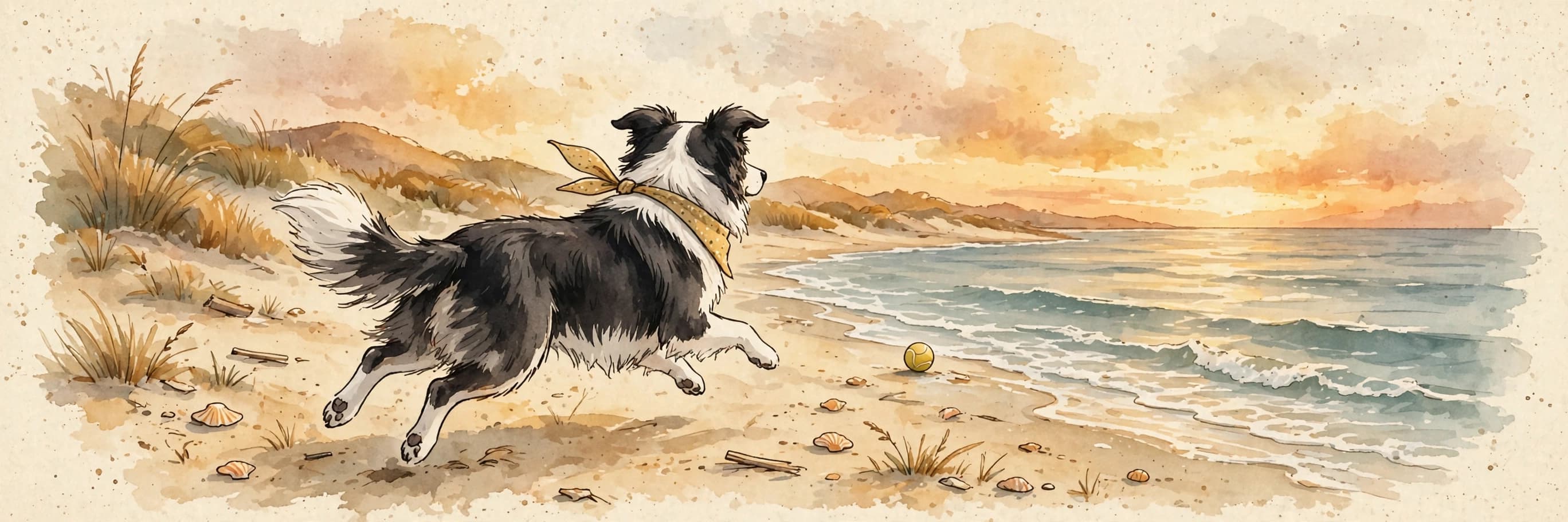 A watercolor storybook scene of a happy border collie wearing a little bandana running on a beach at golden hour, with gentle waves and a ball nearby.
