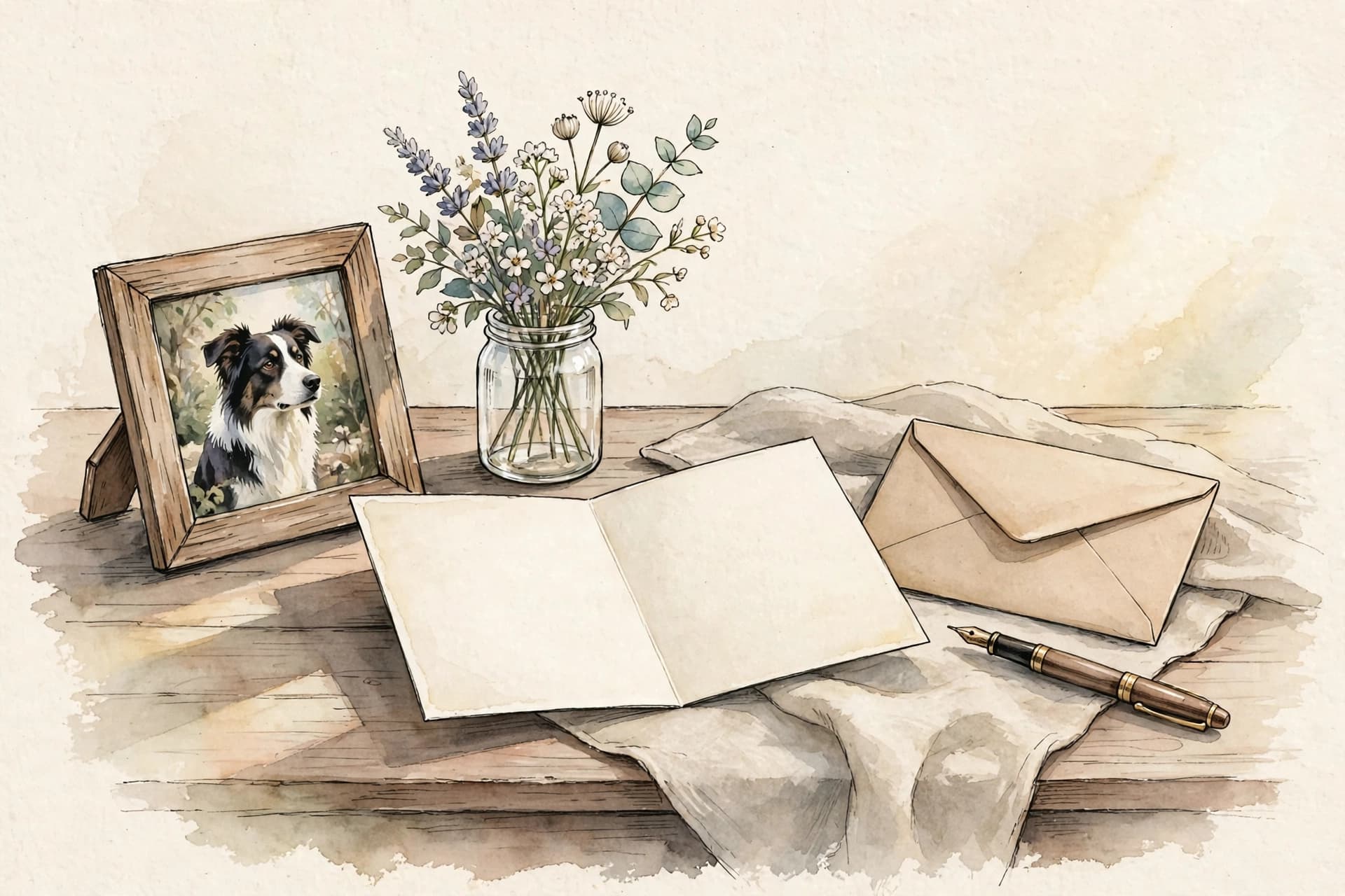 A watercolor storybook still life of a writing desk with an open blank sympathy card, a pen, a framed photograph of a border collie and a small bunch of flowers in a jar, in soft morning light.