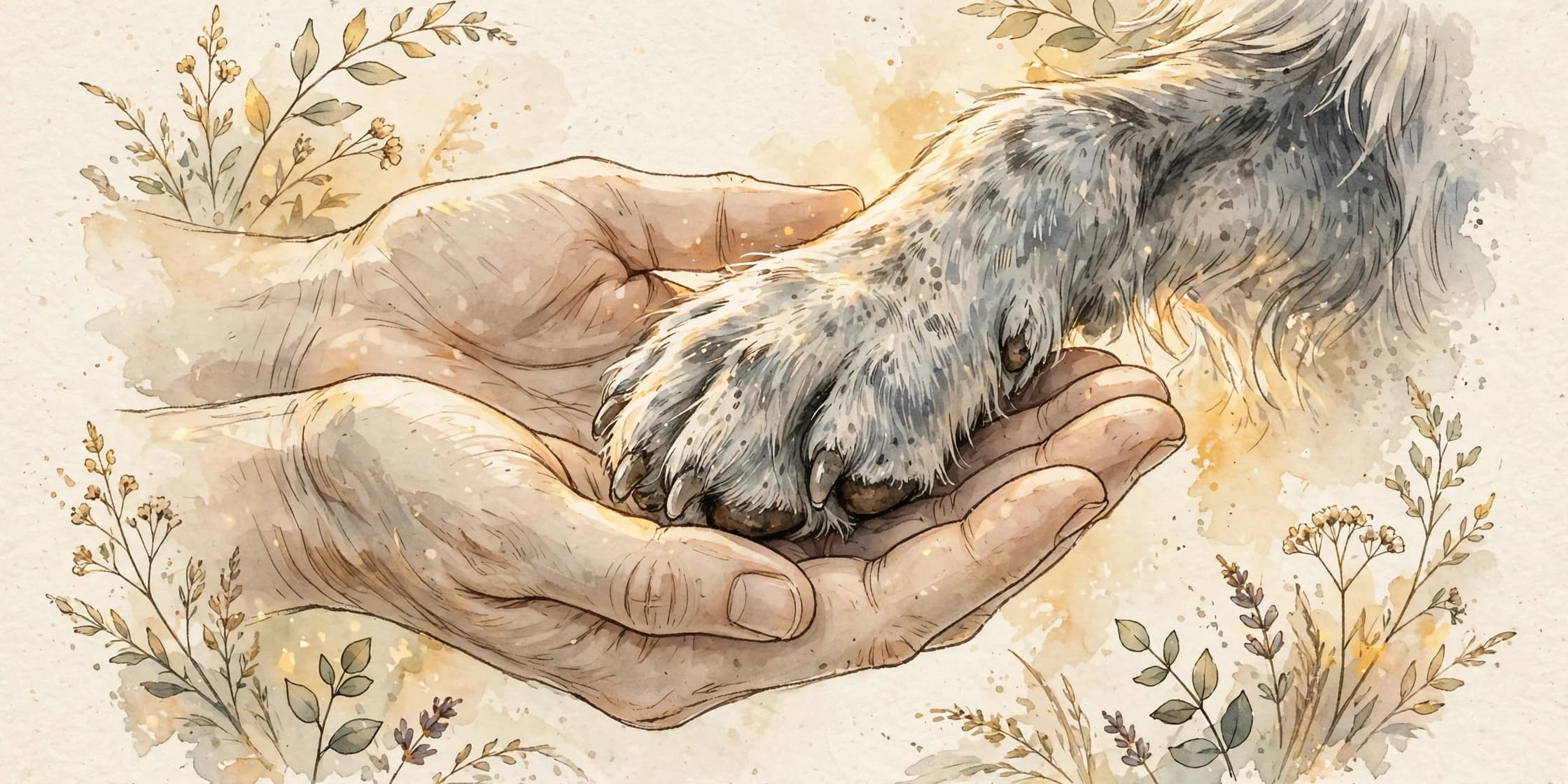 A watercolor storybook scene of an old grey muzzled border collie's paw resting trustingly in two open human hands, in soft golden light.