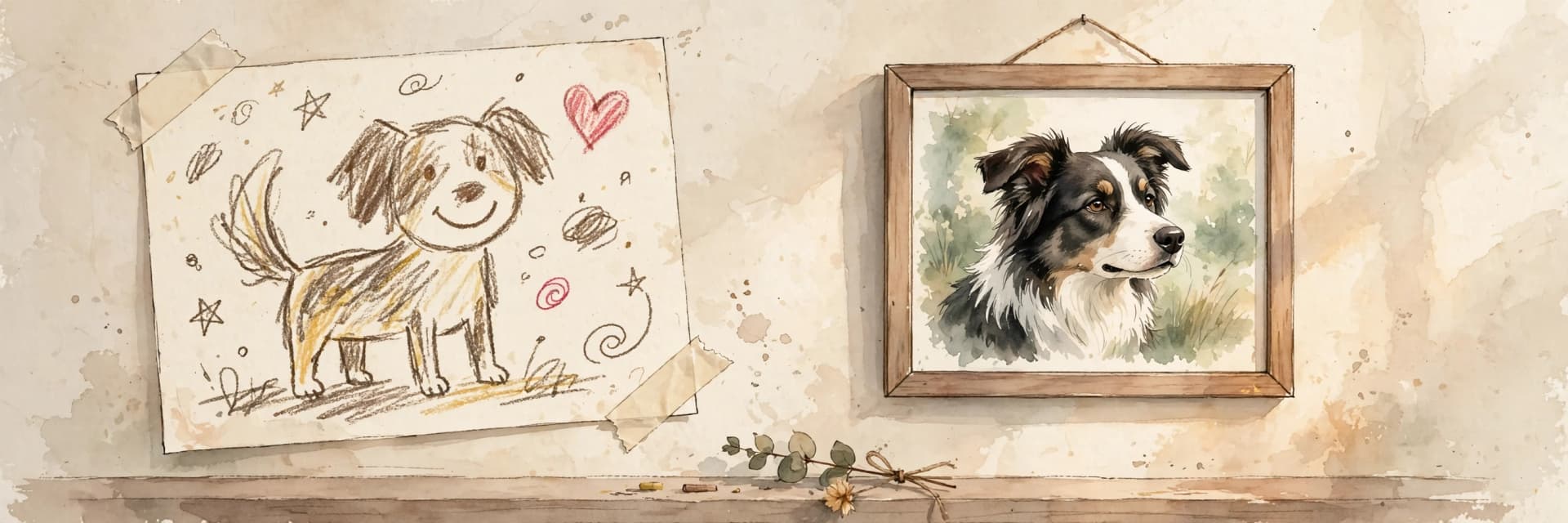 A watercolor storybook scene of a child's simple crayon drawing of a happy dog taped to a wall beside a framed photo of the same border collie, with a small hand drawn heart on the drawing.