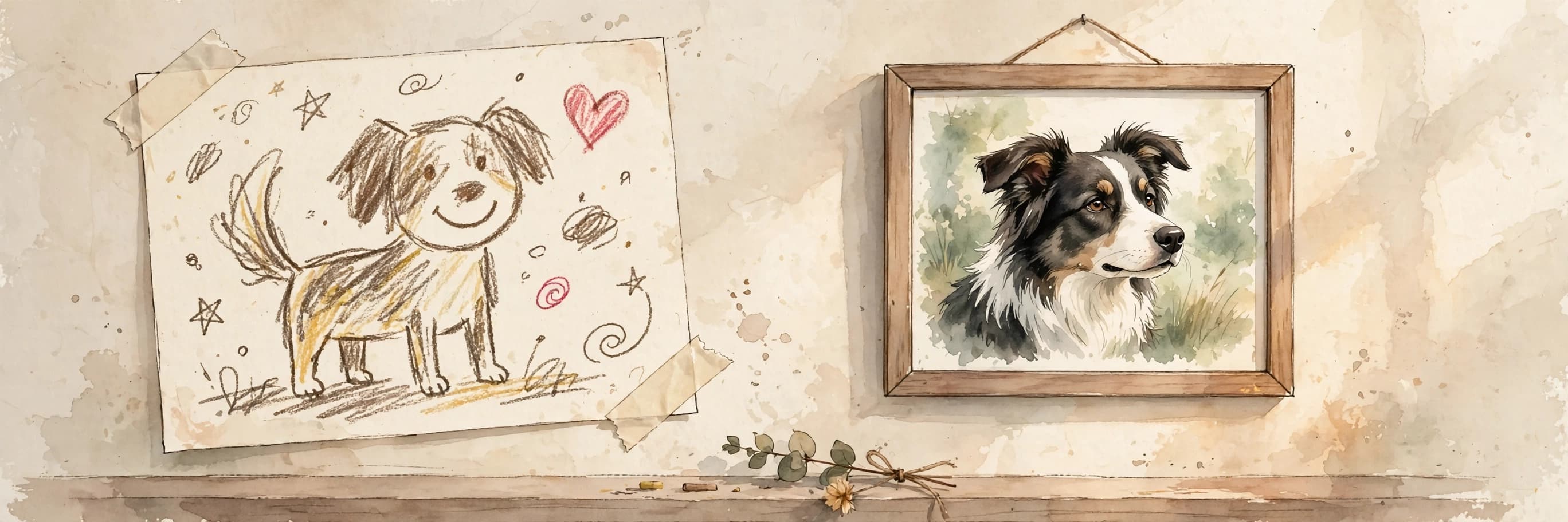 A watercolor storybook scene of a child's simple crayon drawing of a happy dog taped to a wall beside a framed photo of the same border collie, with a small hand drawn heart on the drawing.