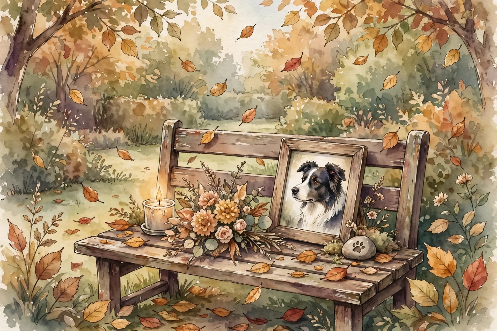 A watercolor storybook scene of a small memorial on a garden bench, a candle, flowers and a framed photo of a border collie, autumn leaves falling.