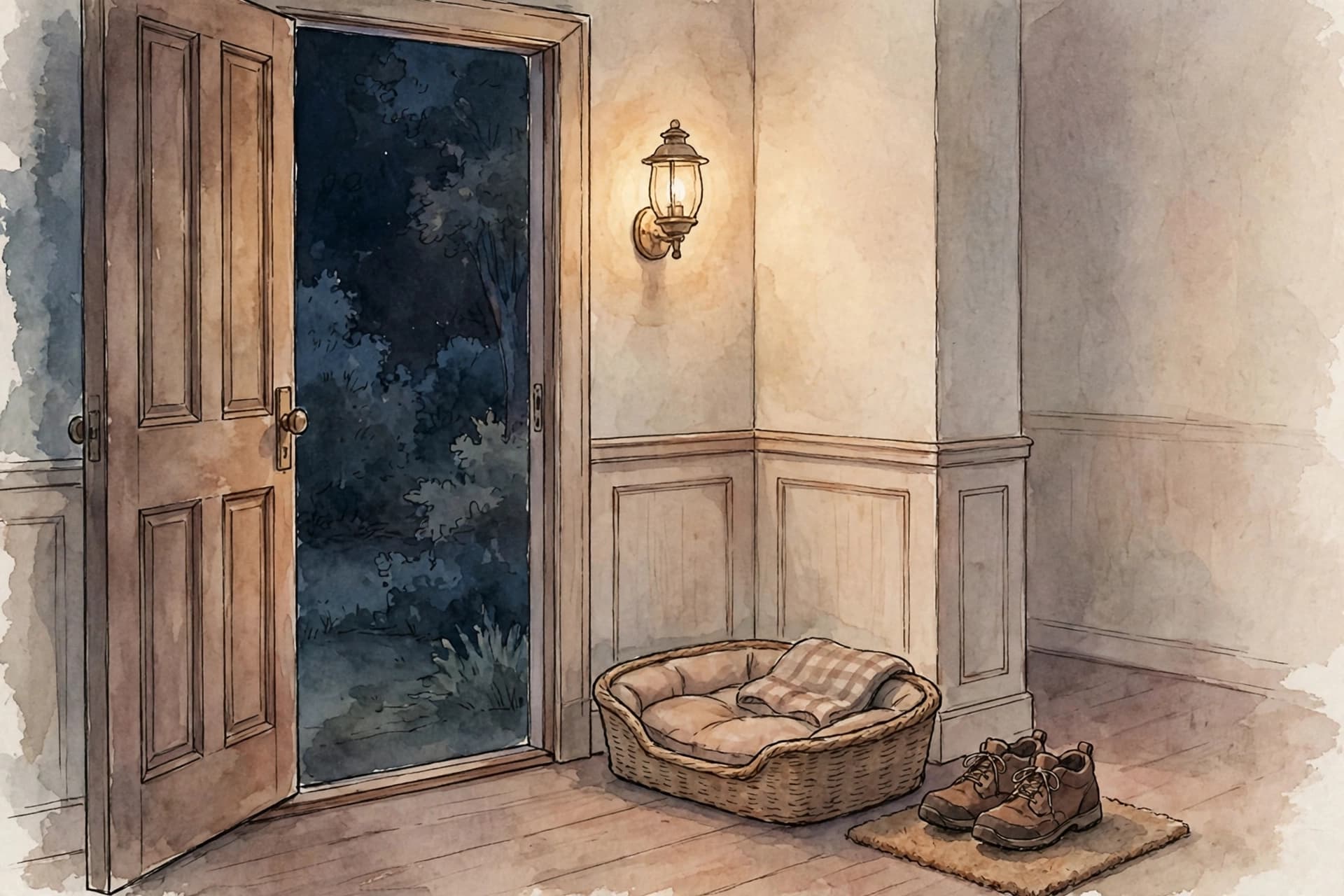 A watercolor storybook scene of a quiet house at night, a hallway lamp glowing, an empty dog bed by the door and a pair of walking shoes waiting beside it.