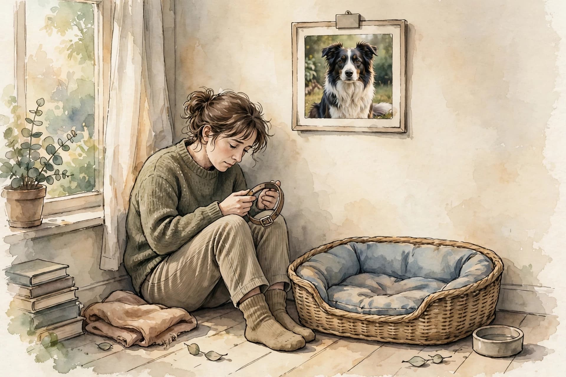 A watercolor storybook scene of a person sitting on the floor beside an empty dog bed, holding a collar, with a border collie photo on the wall above.