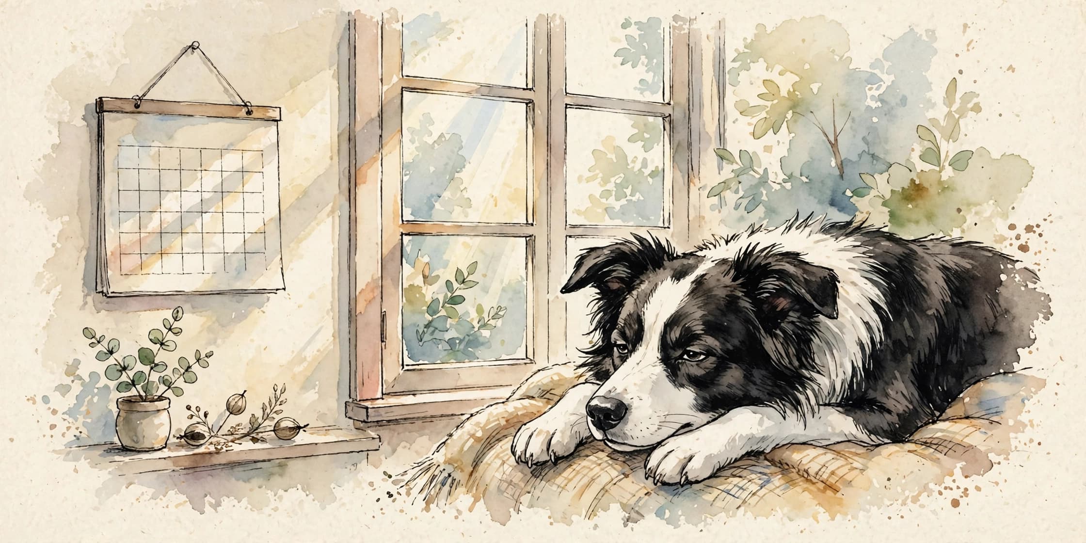 A watercolor storybook scene of a border collie resting his head on his paws beside a bright window, with a wall calendar marking the slow passage of time.