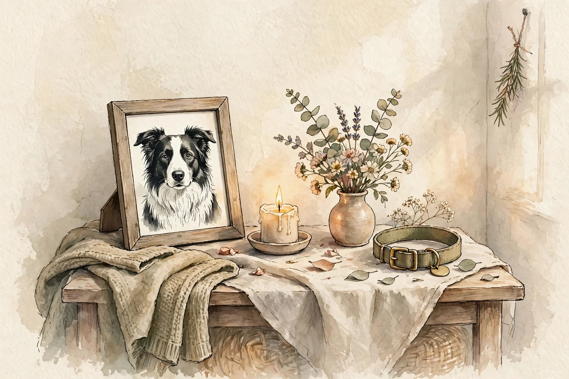A watercolor storybook scene of a peaceful memorial corner with a framed portrait of a border collie, a lit candle, a small vase of flowers and the dog's collar resting beside the frame.