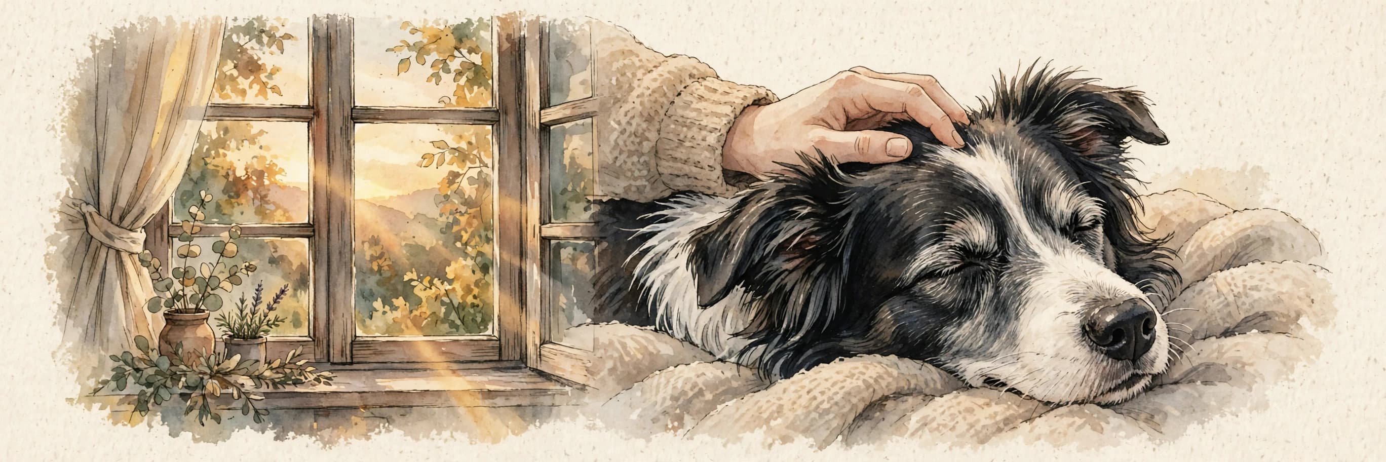 A watercolor storybook scene of an old border collie's head resting under a person's gentle stroking hand at golden hour beside a window.