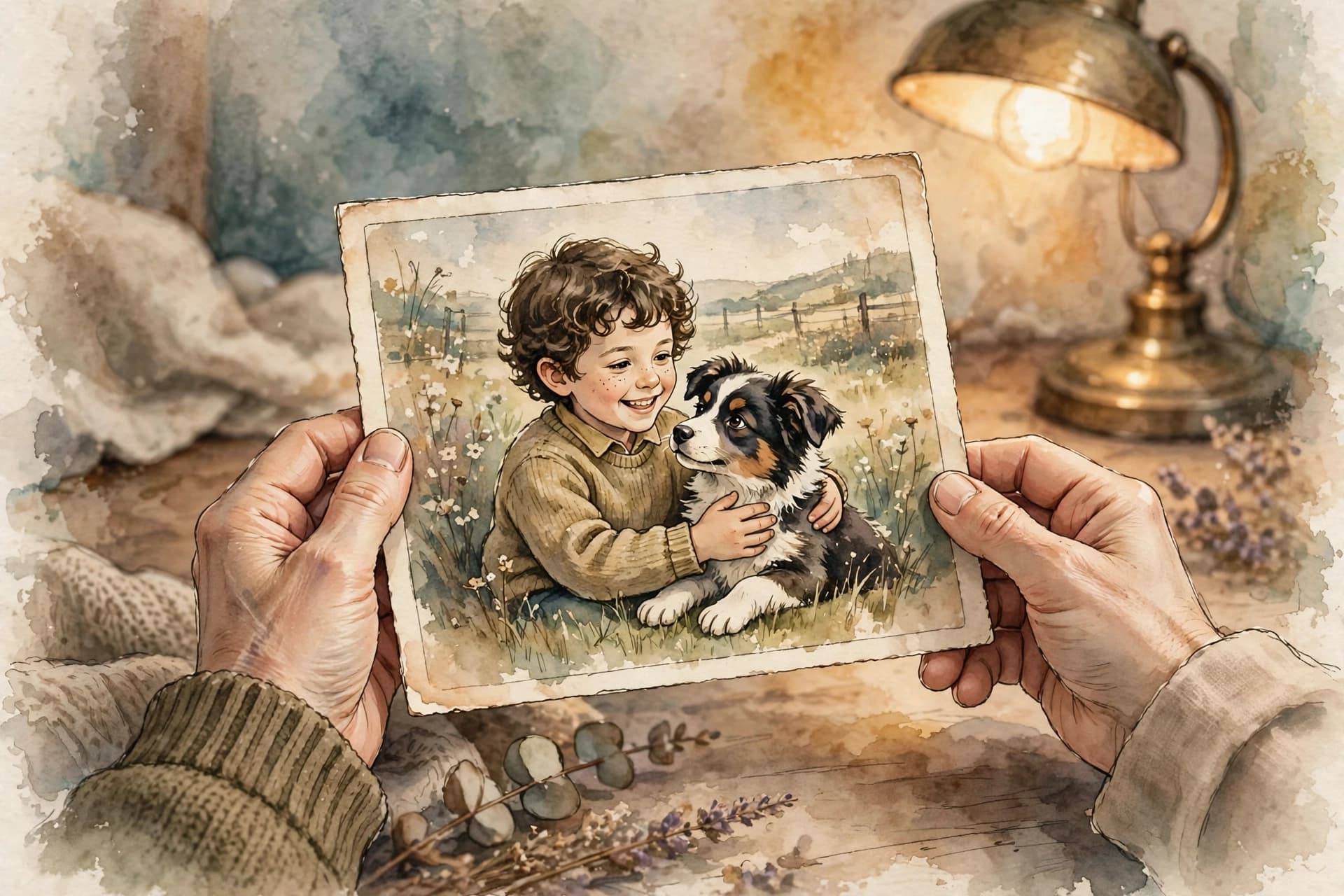 A watercolor storybook scene of an old family photograph of a child with a border collie puppy, held in adult hands, warm lamplight.