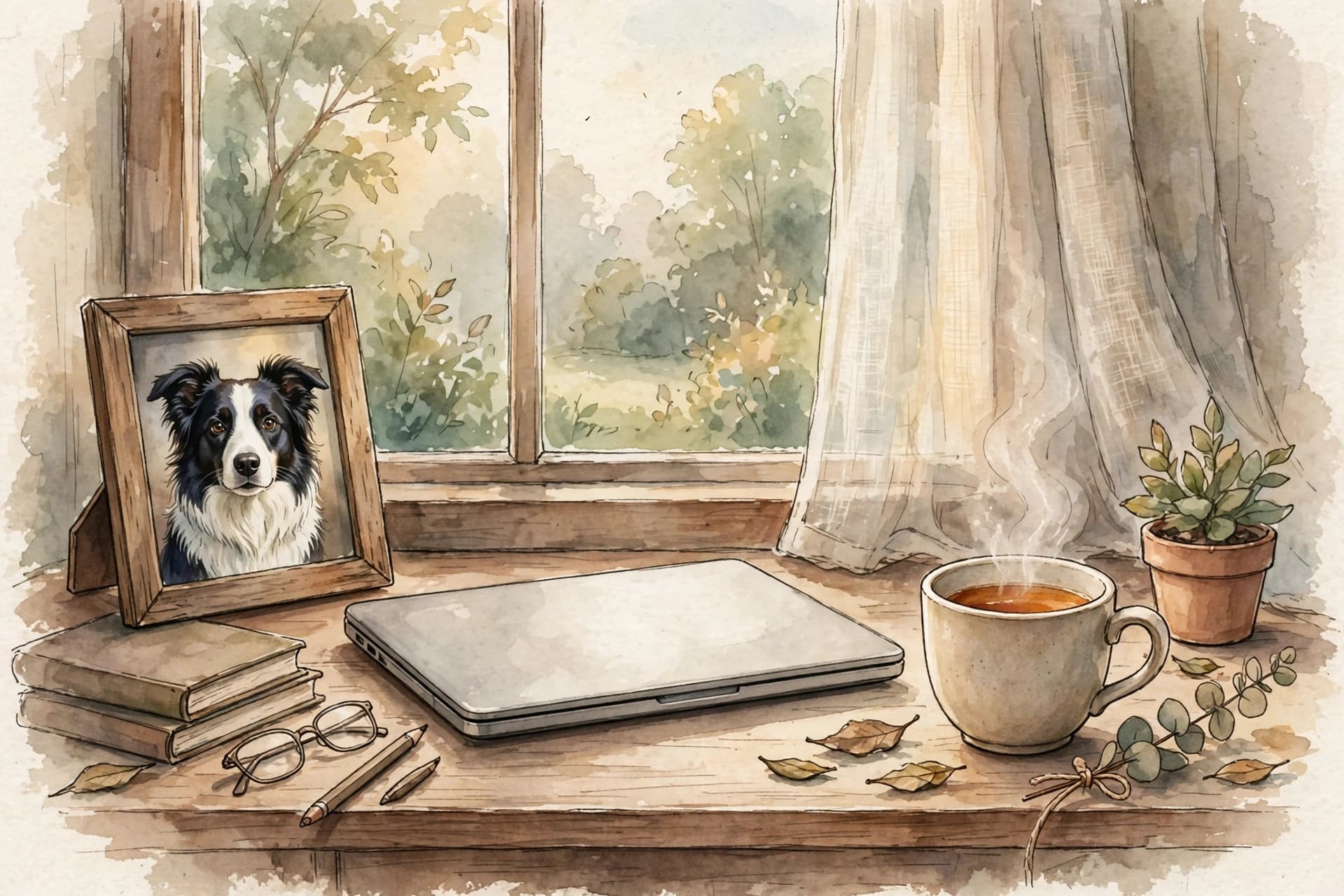 A watercolor storybook scene of a desk with a framed photo of a border collie, a laptop closed for the day, and a cup of tea, morning light through the window.