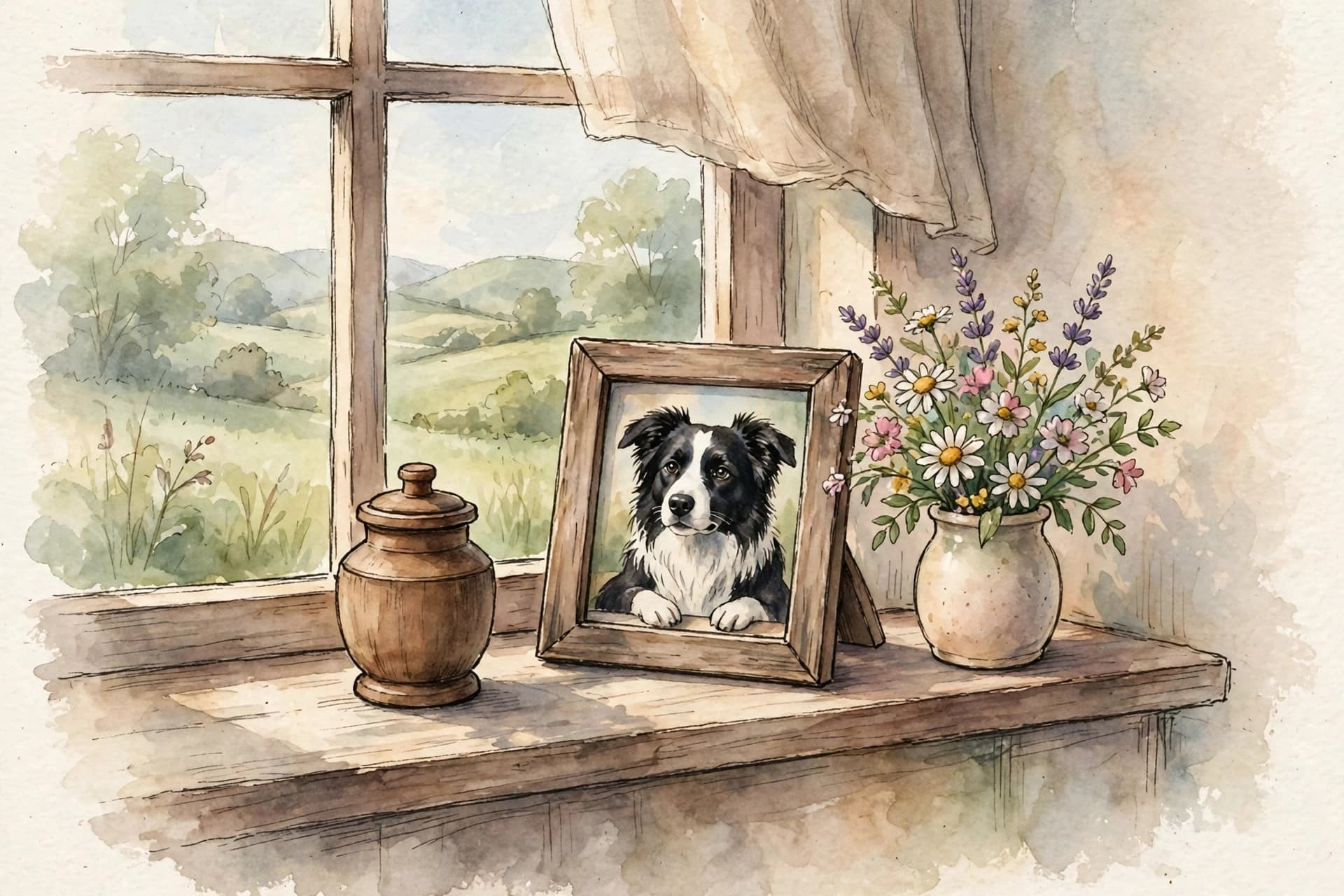 A watercolor storybook scene of a small wooden urn resting on a windowsill beside a framed photo of a border collie, soft morning light and a vase of wildflowers.