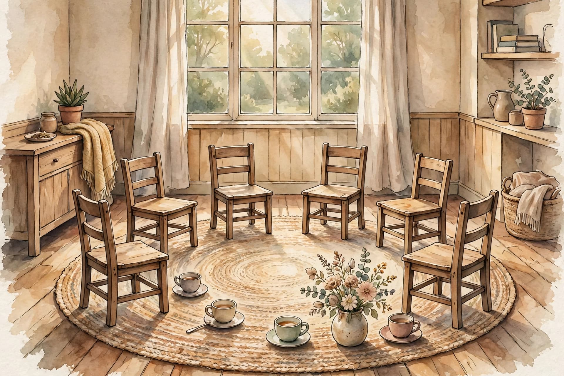 A watercolor storybook scene of a circle of empty chairs in a warm community room with tea cups and a vase of flowers, soft window light.