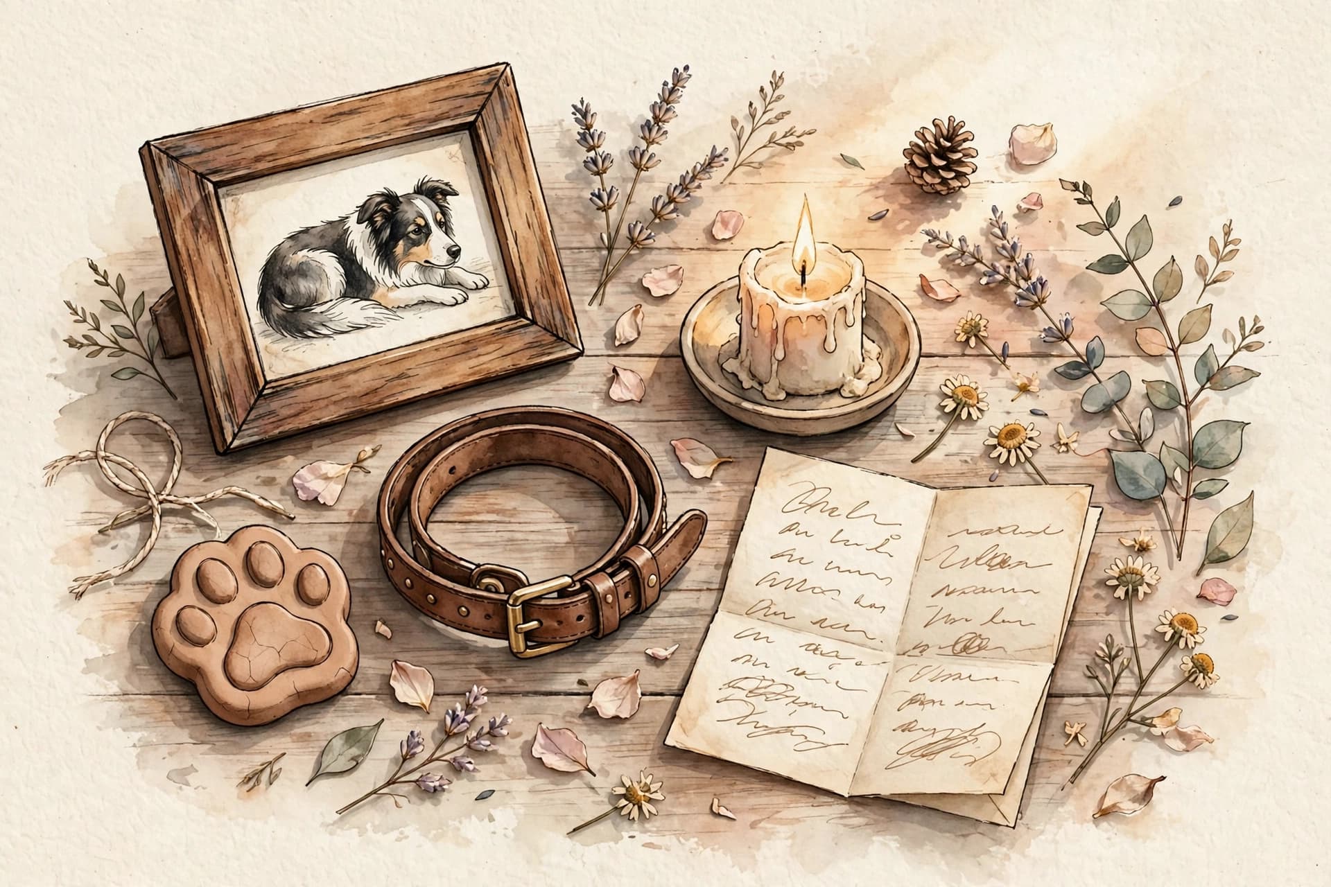 A watercolor storybook flat lay of pet memorial keepsakes on a wooden table: a framed photo of a border collie, a clay paw print, a collar, a small candle, pressed flowers and a letter.