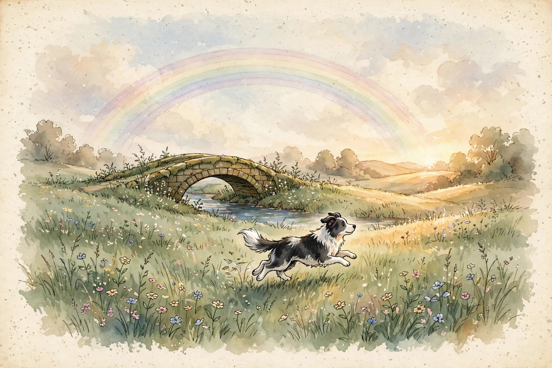 A watercolor storybook scene of a green meadow with a small arched bridge under a soft rainbow, and a happy young border collie running through the grass toward warm light.