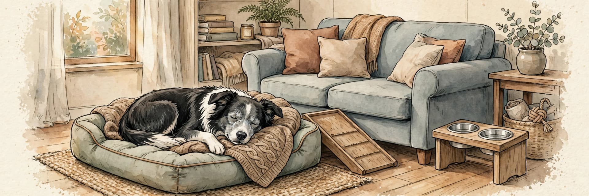 A watercolor storybook scene of a content old border collie with a grey muzzle resting on a soft dog bed with a cozy blanket, a ramp beside the sofa and a raised food bowl nearby.