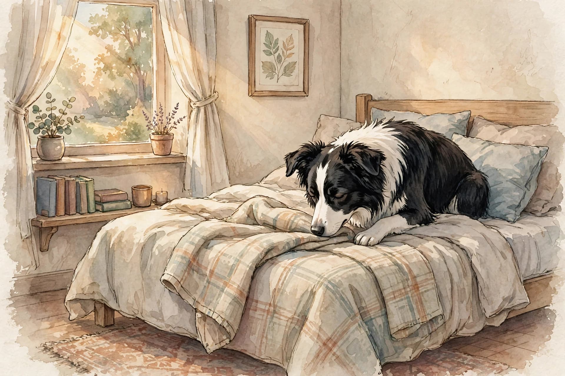 A watercolor storybook scene of a border collie gently sniffing a blanket on a soft bed in a quiet room, warm afternoon light.