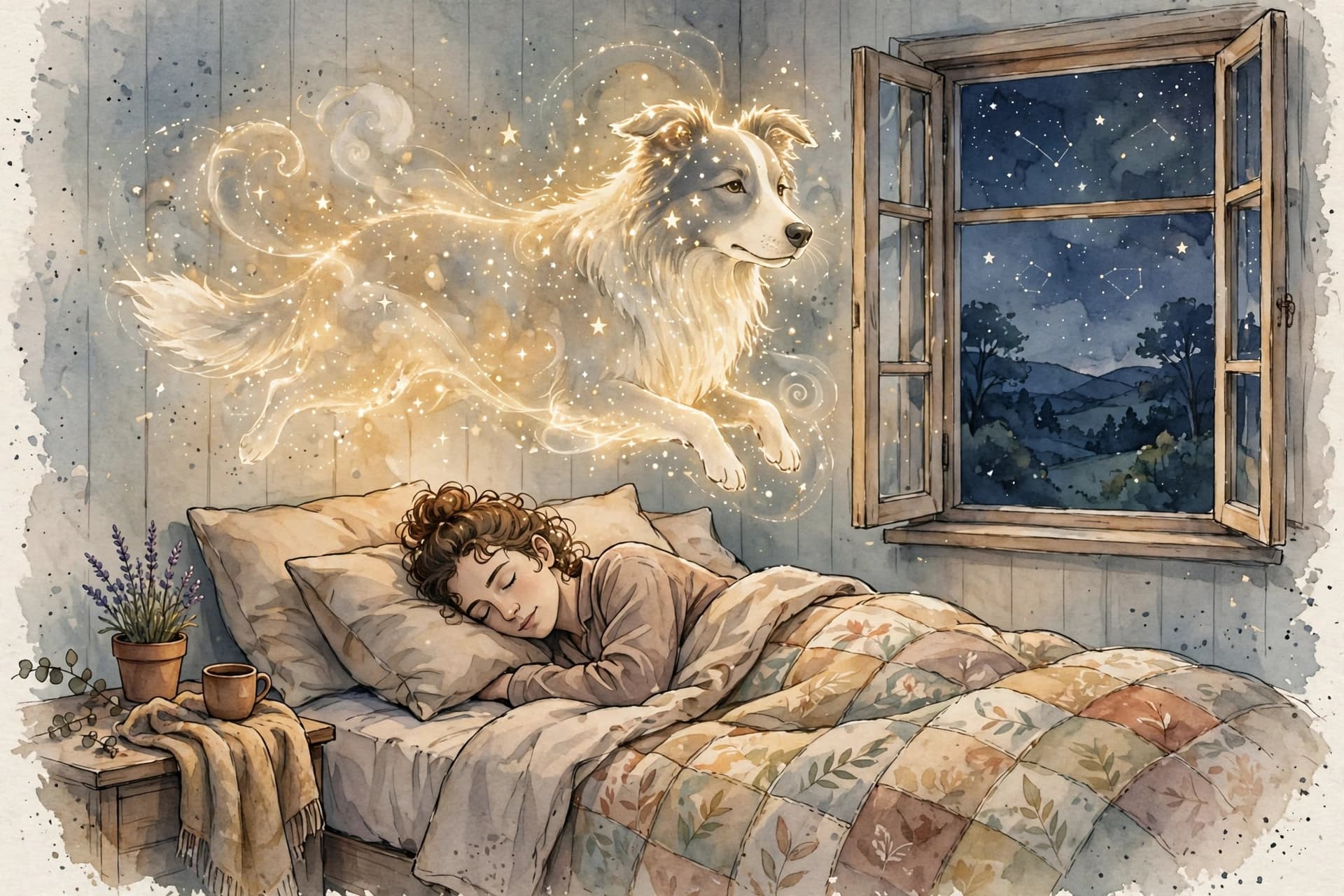 A watercolor storybook scene of a person dreaming at night, a gentle border collie shape in soft golden light above the bed, stars outside the window.