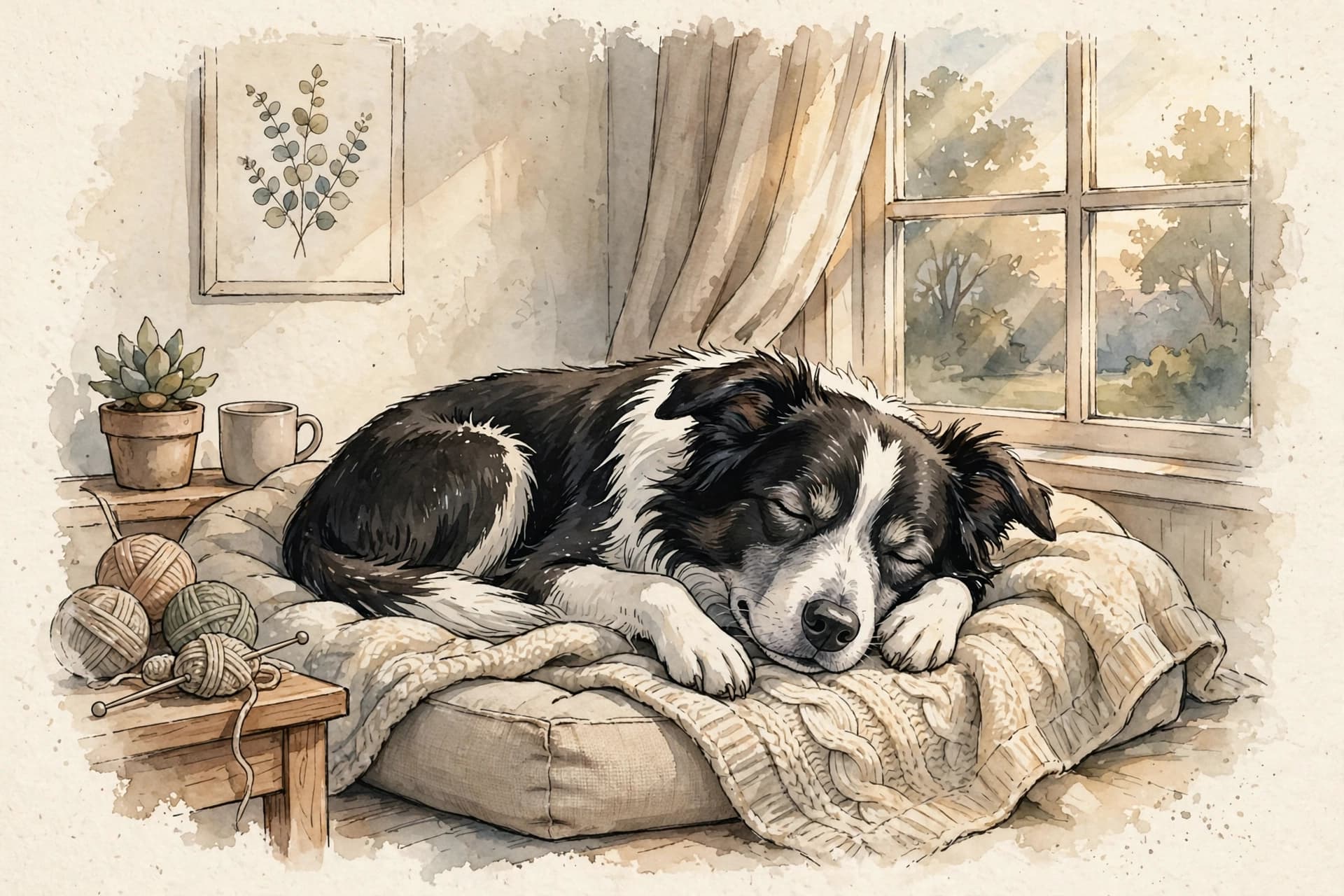 A watercolor storybook scene of an elderly grey muzzled border collie sleeping deeply and peacefully on a soft bed with a knitted blanket, in soft afternoon light.