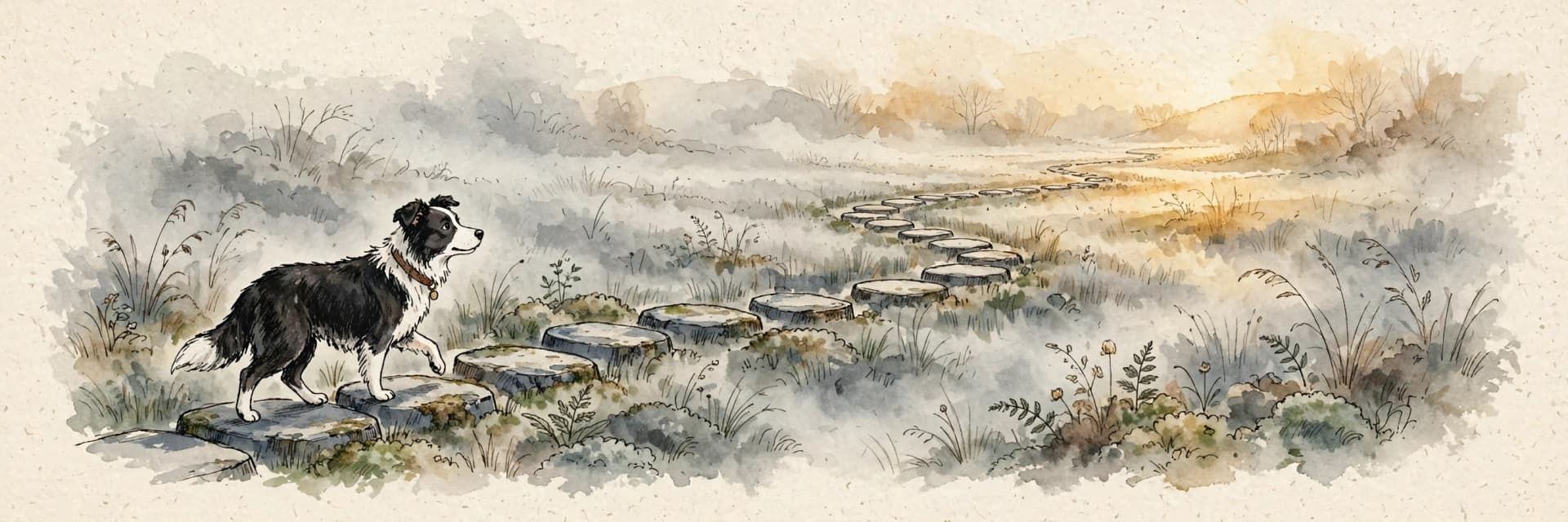 A watercolor storybook scene of a border collie walking a winding path of stepping stones through soft grey mist toward warm golden light in the distance.