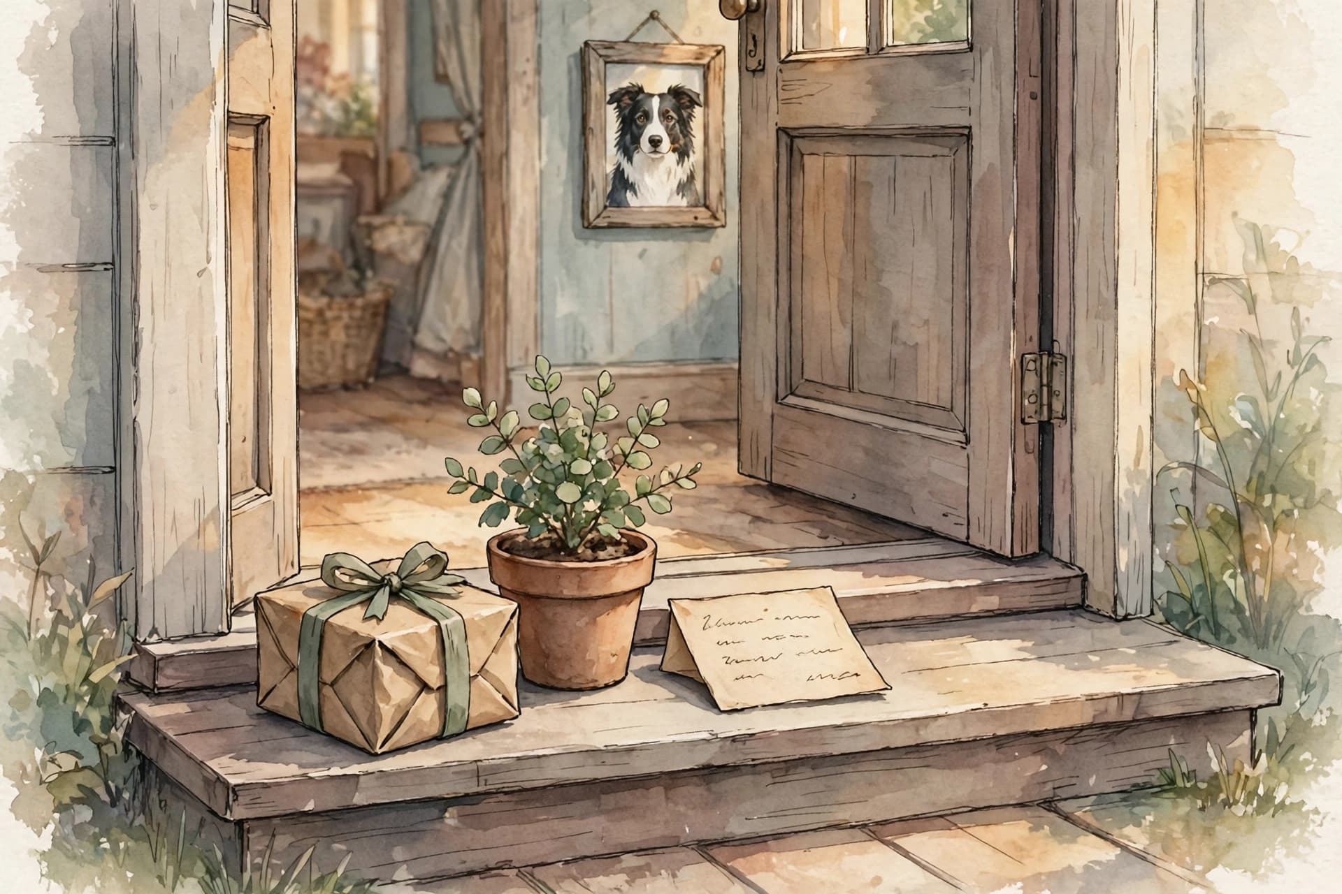 A watercolor storybook scene of a wrapped gift, a small potted plant and a handwritten card on a doorstep, with a framed photo of a border collie visible inside.