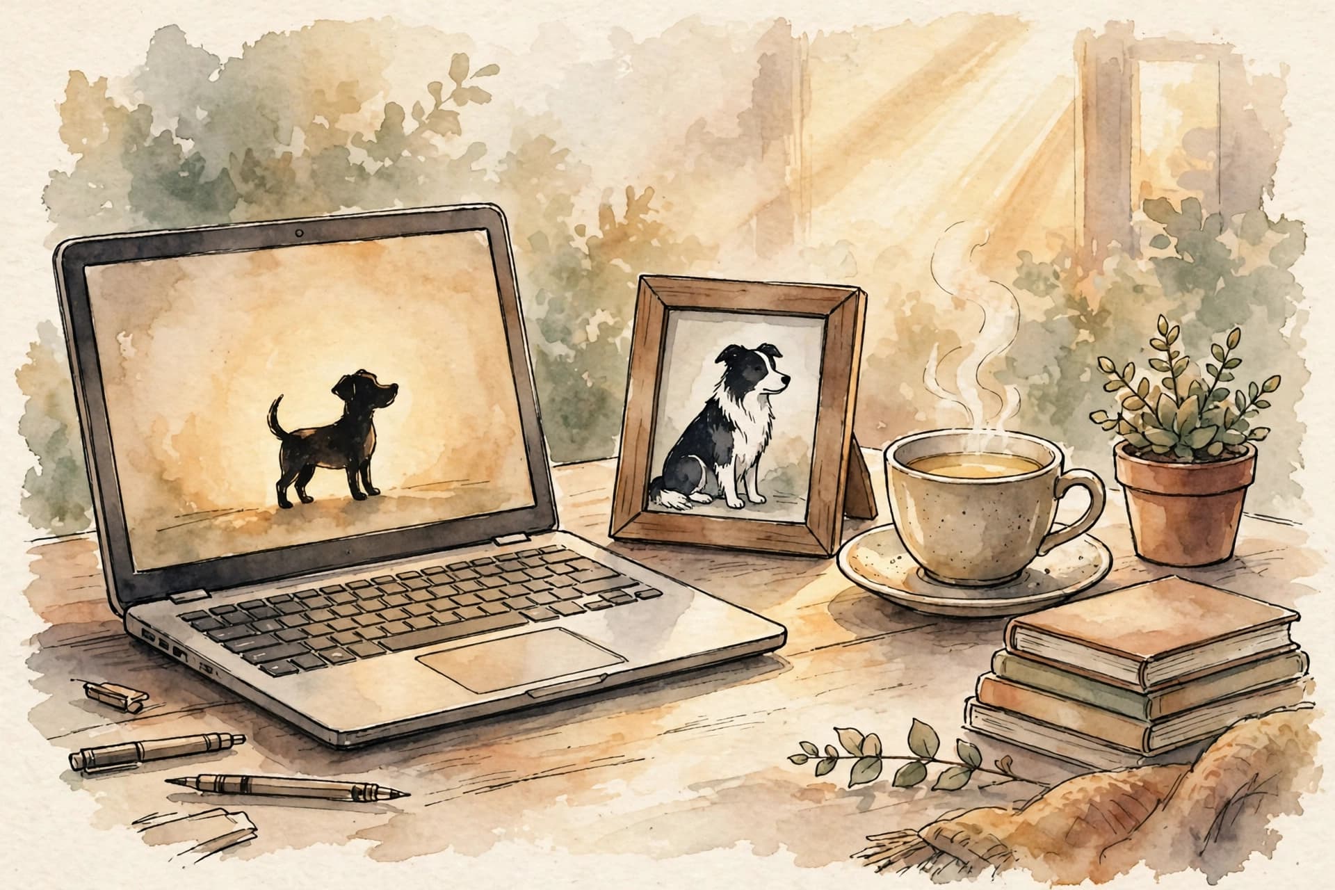 A watercolor storybook scene of a cozy desk with a laptop whose screen softly glows with a tiny happy dog figure, beside a framed photo of the same border collie and a cup of tea in warm evening light.
