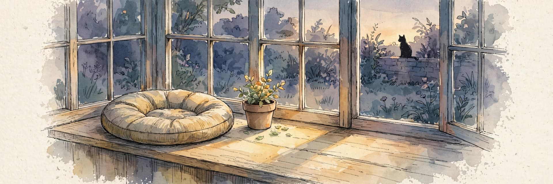 A watercolor storybook scene of a quiet windowsill at dusk with an empty cat cushion and a small potted plant, the last warm light falling across the sill and a soft cat silhouette in the garden glow.