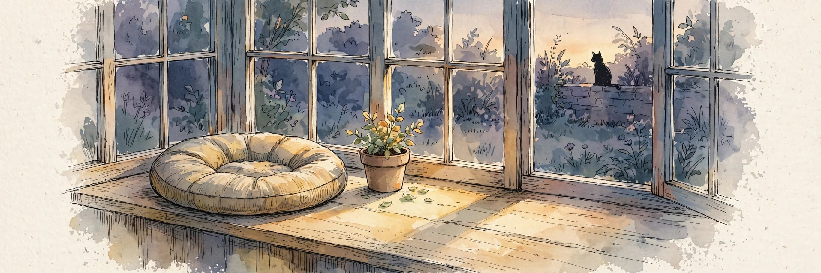 A watercolor storybook scene of a quiet windowsill at dusk with an empty cat cushion and a small potted plant, the last warm light falling across the sill and a soft cat silhouette in the garden glow.