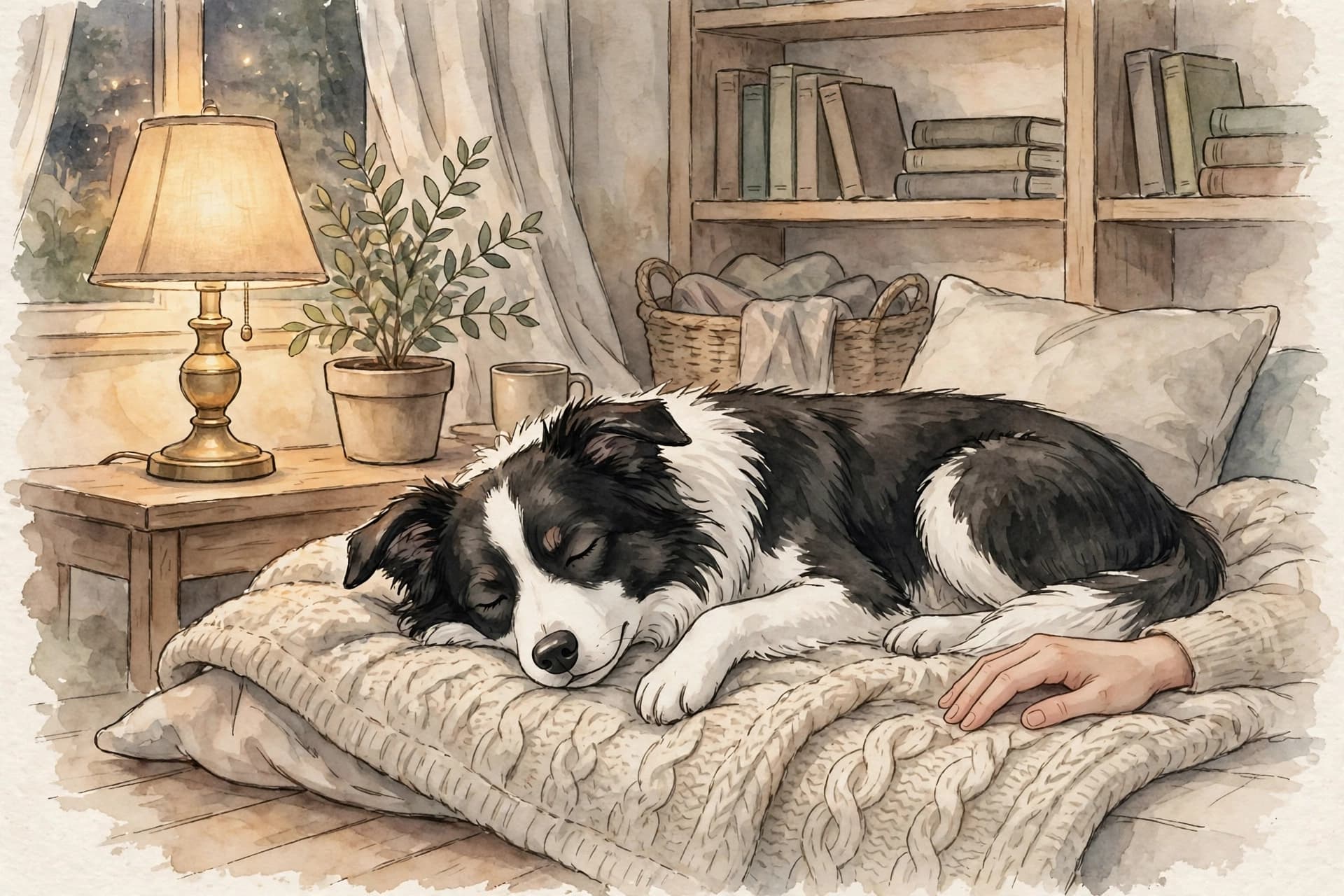 A watercolor storybook scene of a border collie resting peacefully on a soft blanket in a quiet living room, a hand resting gently nearby, warm lamplight.
