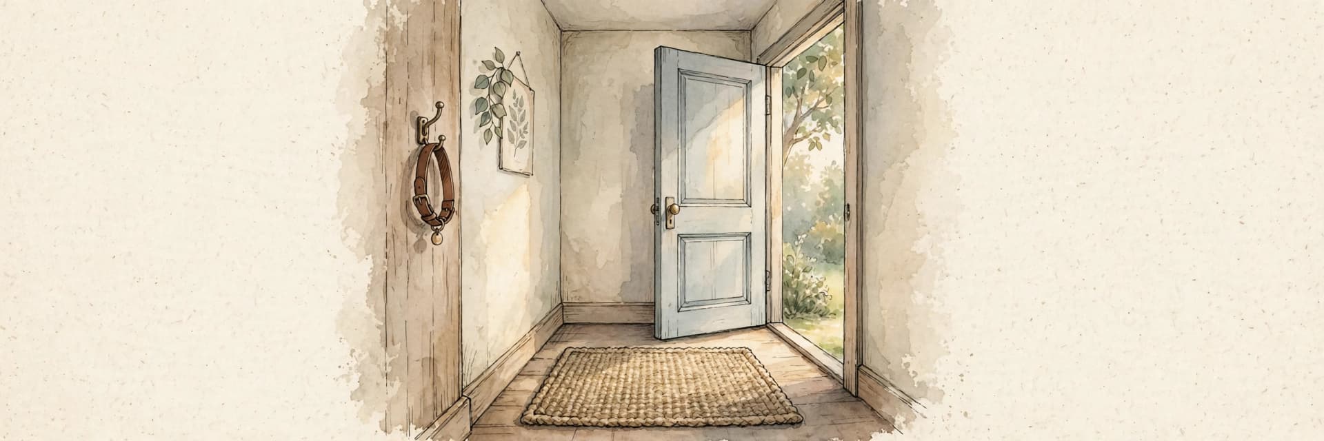 A watercolor storybook scene of a quiet hallway in early morning light, a front door slightly ajar, a dog collar hanging on a hook and an empty woven rug.