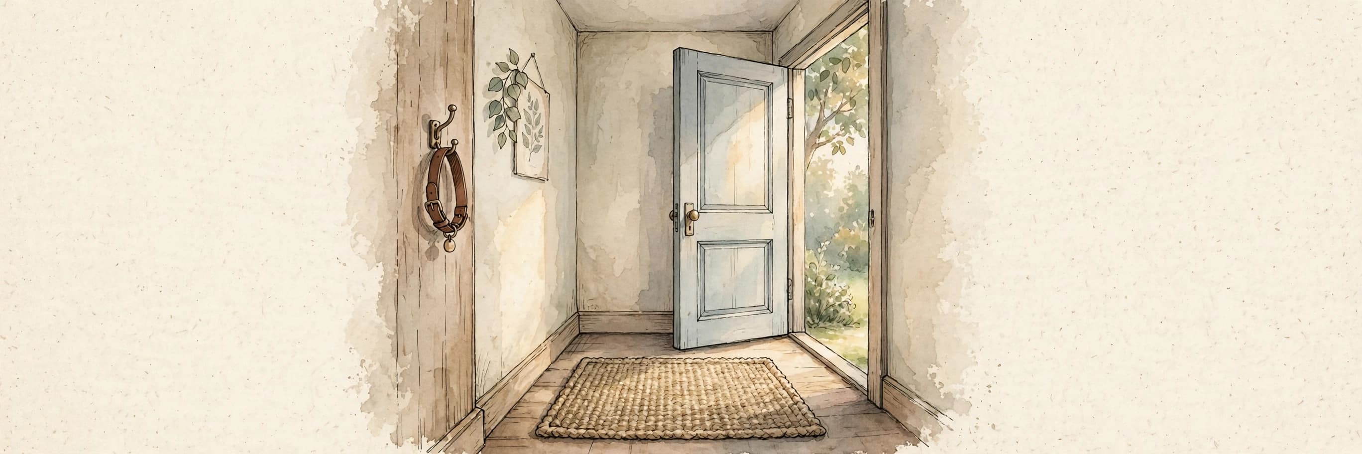 A watercolor storybook scene of a quiet hallway in early morning light, a front door slightly ajar, a dog collar hanging on a hook and an empty woven rug.