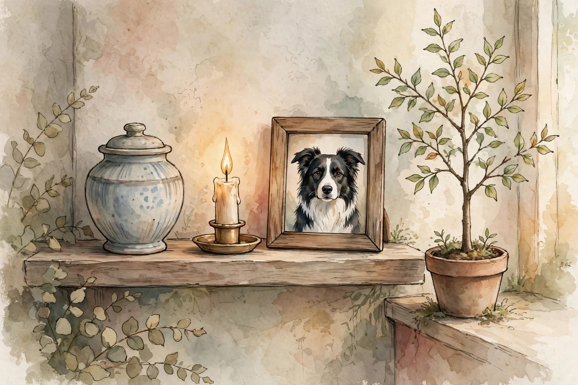 A watercolor storybook scene of a small ceramic urn on a mantel beside a lit candle and a framed photo of a border collie, with a young tree growing in a pot nearby.