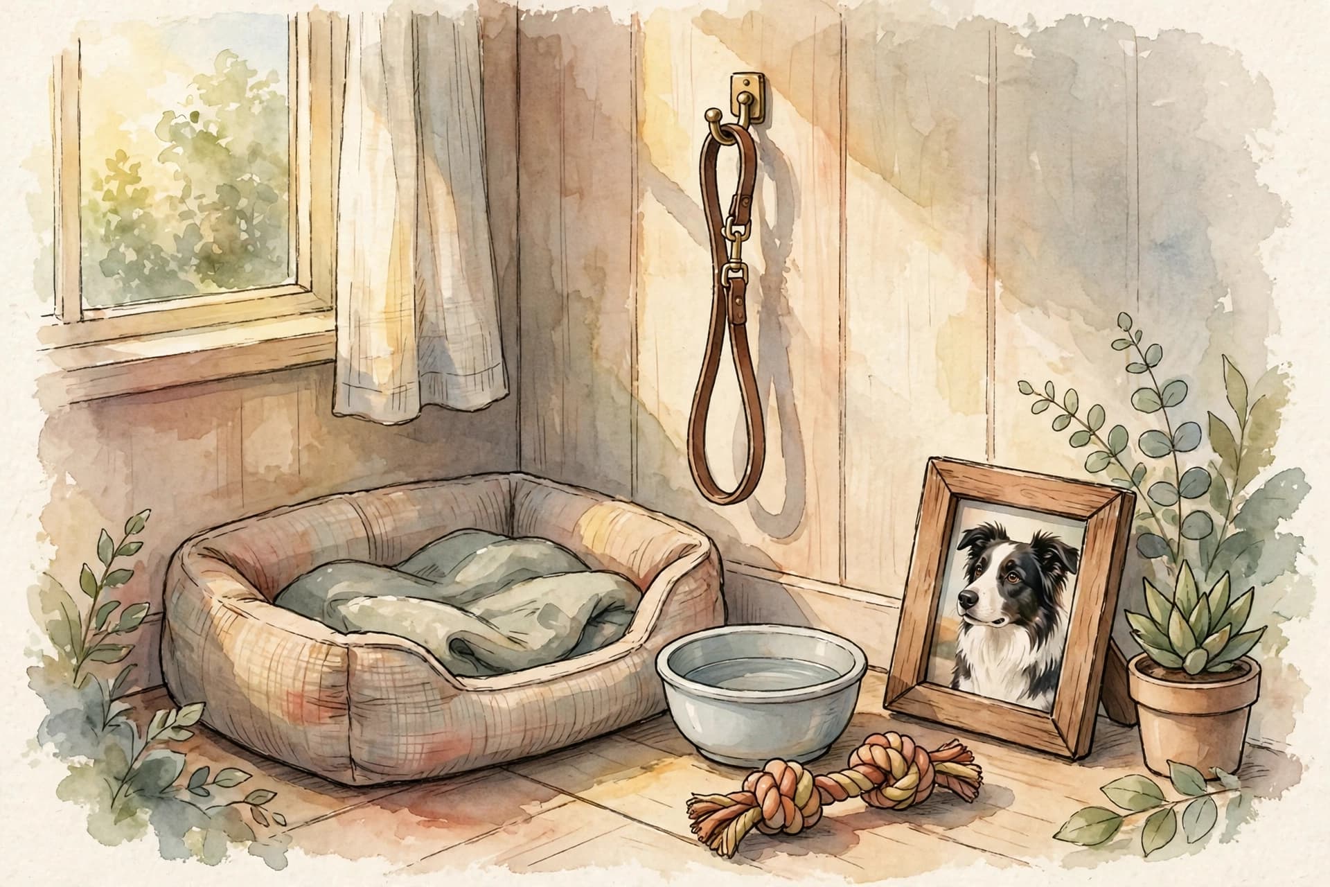 A watercolor storybook scene of a dog bed, a leash on a hook, a bowl and a favourite toy arranged neatly in a sunny corner, a border collie photo nearby.