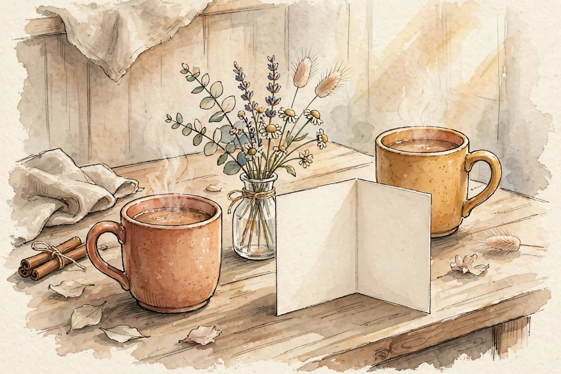 A watercolor storybook scene of a kitchen table with two warm mugs, a small vase of flowers and a plain sympathy card standing open, like a friend who came to sit with you.