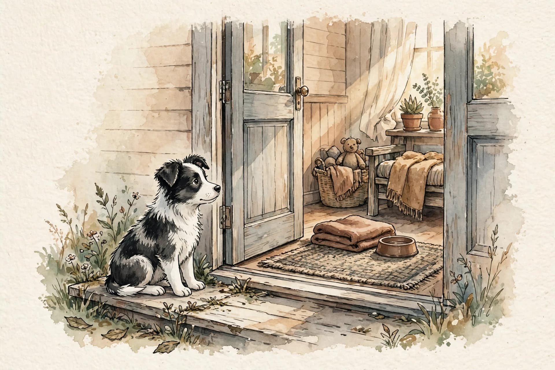 A watercolor storybook scene of a small border collie puppy sitting at an open front door looking into a warm home in morning light, a sign of hope and a new beginning.