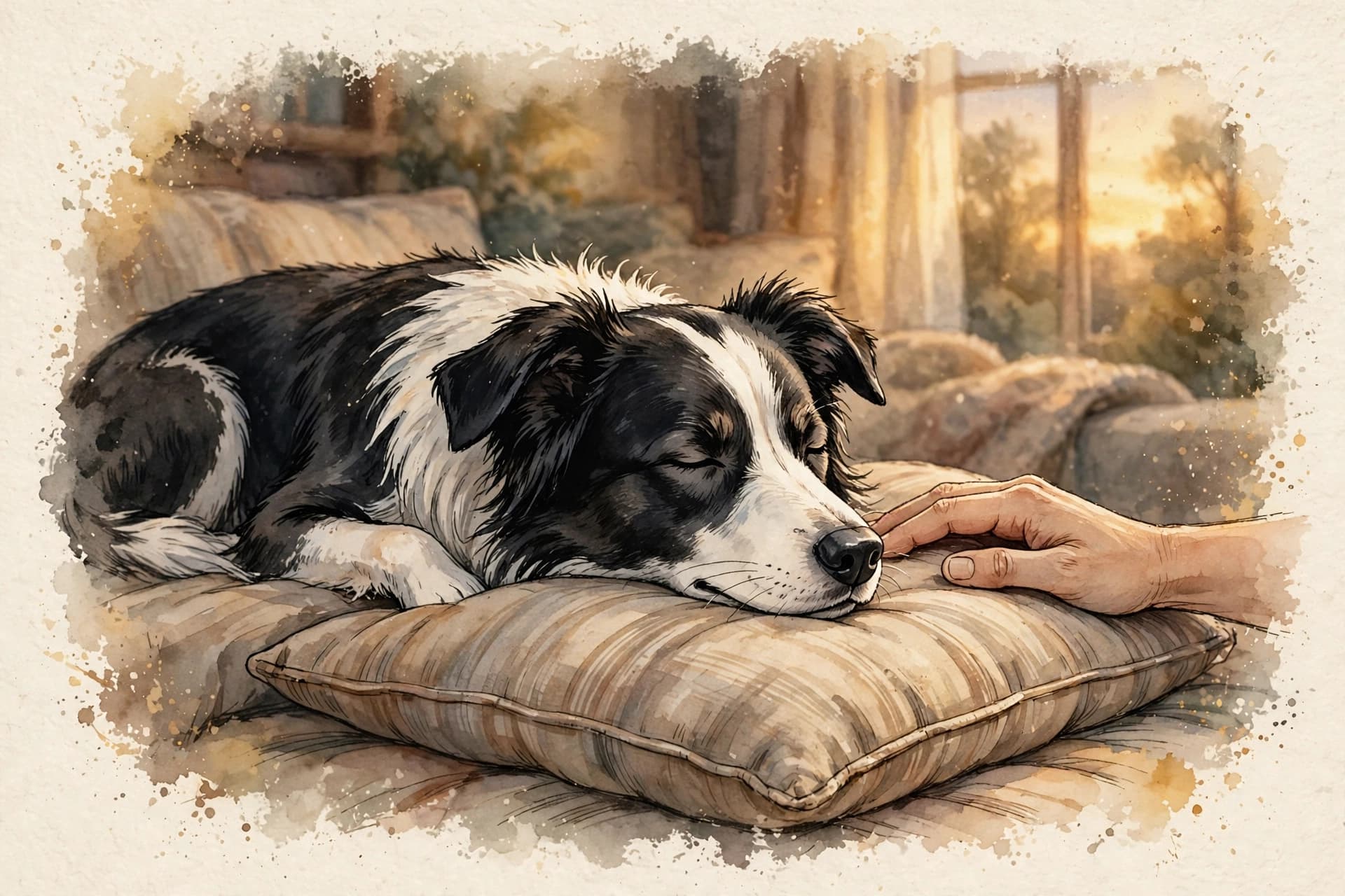 A watercolor storybook scene of a border collie resting his head trustingly on a sofa cushion beside a person's gentle hand, in warm evening light.