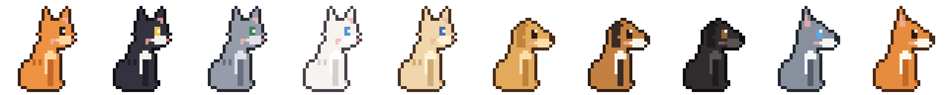 Ten pixel pets sitting in a row: five cats (ginger, tuxedo, grey, white, cream) and five dogs (golden, beagle, black lab, husky, corgi)